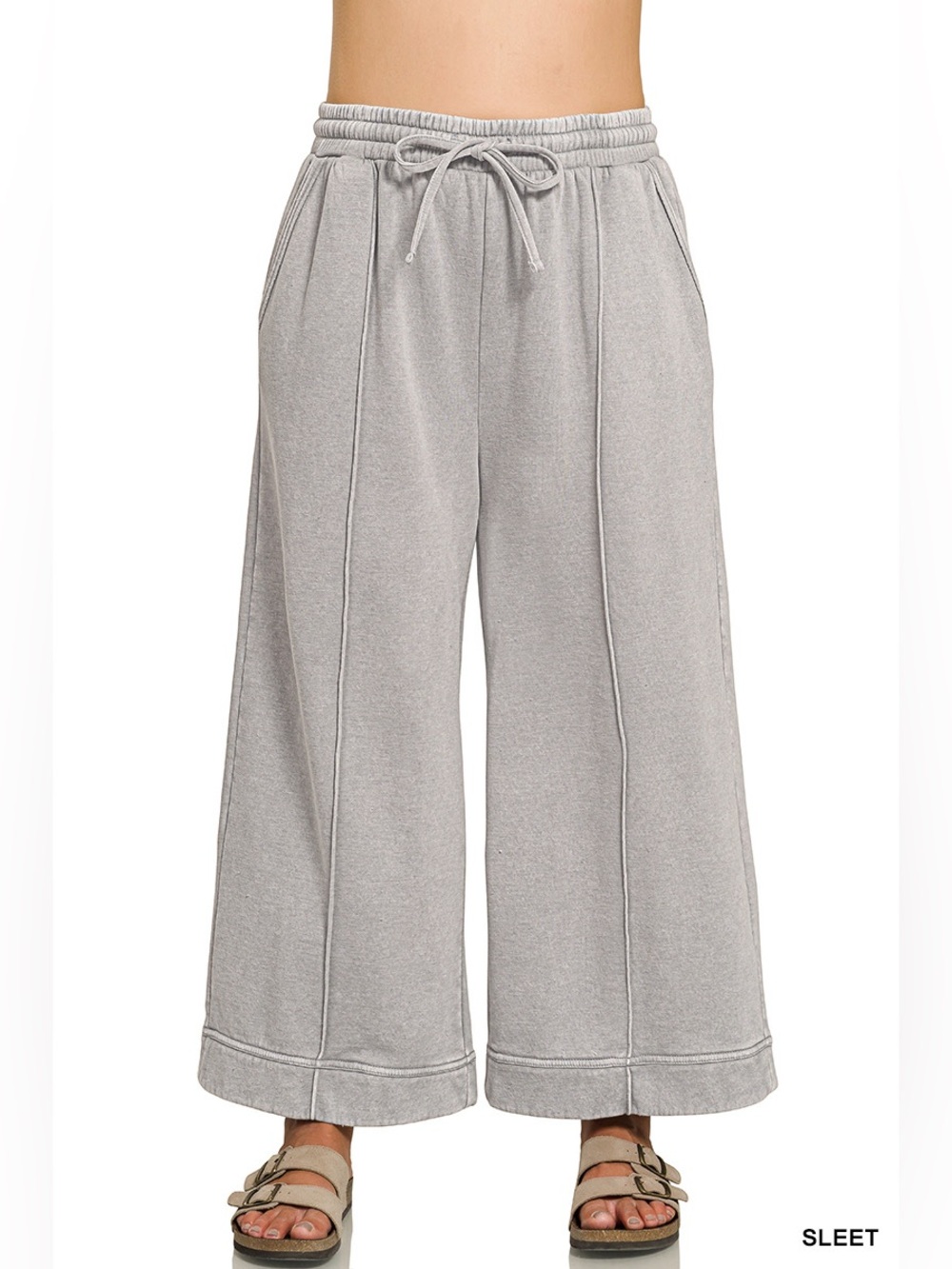 Zenana PLUS Sleet Acid Washed Fleece Pintuck Wide Leg Cropped Pants